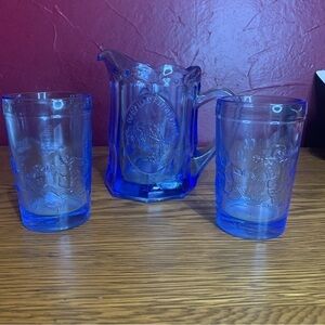 Vintage BLUE TIARA GLASS Child's Milk Pitcher and glasses set RARE